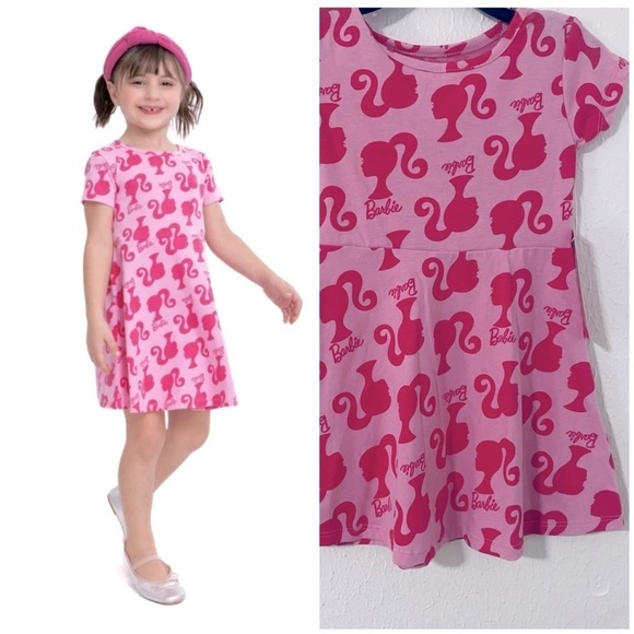 Barbie Toddler Girl’s Logo Print All Over Skater Dress Sz 2T-NWT Light/Dark Pink - Picture 1 of 7